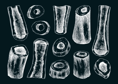 Big marrowbone with meat sketches set. Raw bones isolated on chalkboard. Hand drawn ingredients, healthy food illustration for butchery, recipes, menu in vintage style.